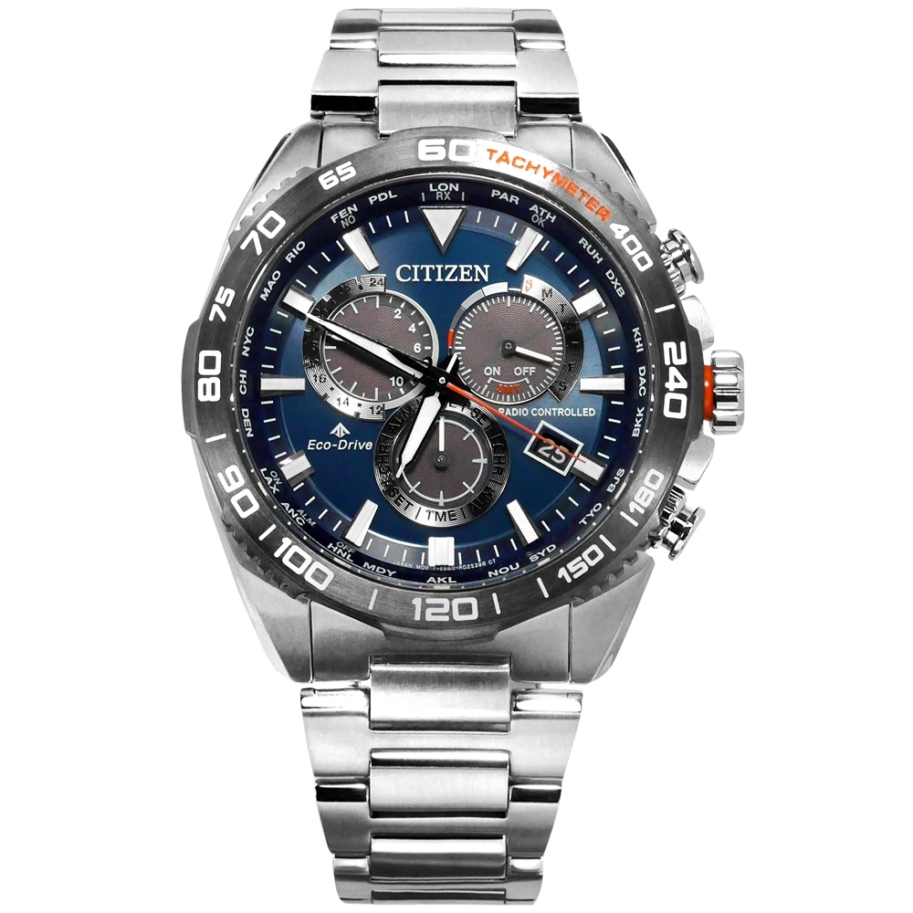 CITIZEN 光動能 萬年曆 電波錶 藍寶石水晶玻璃 不鏽鋼手錶-藍x銀/45mm