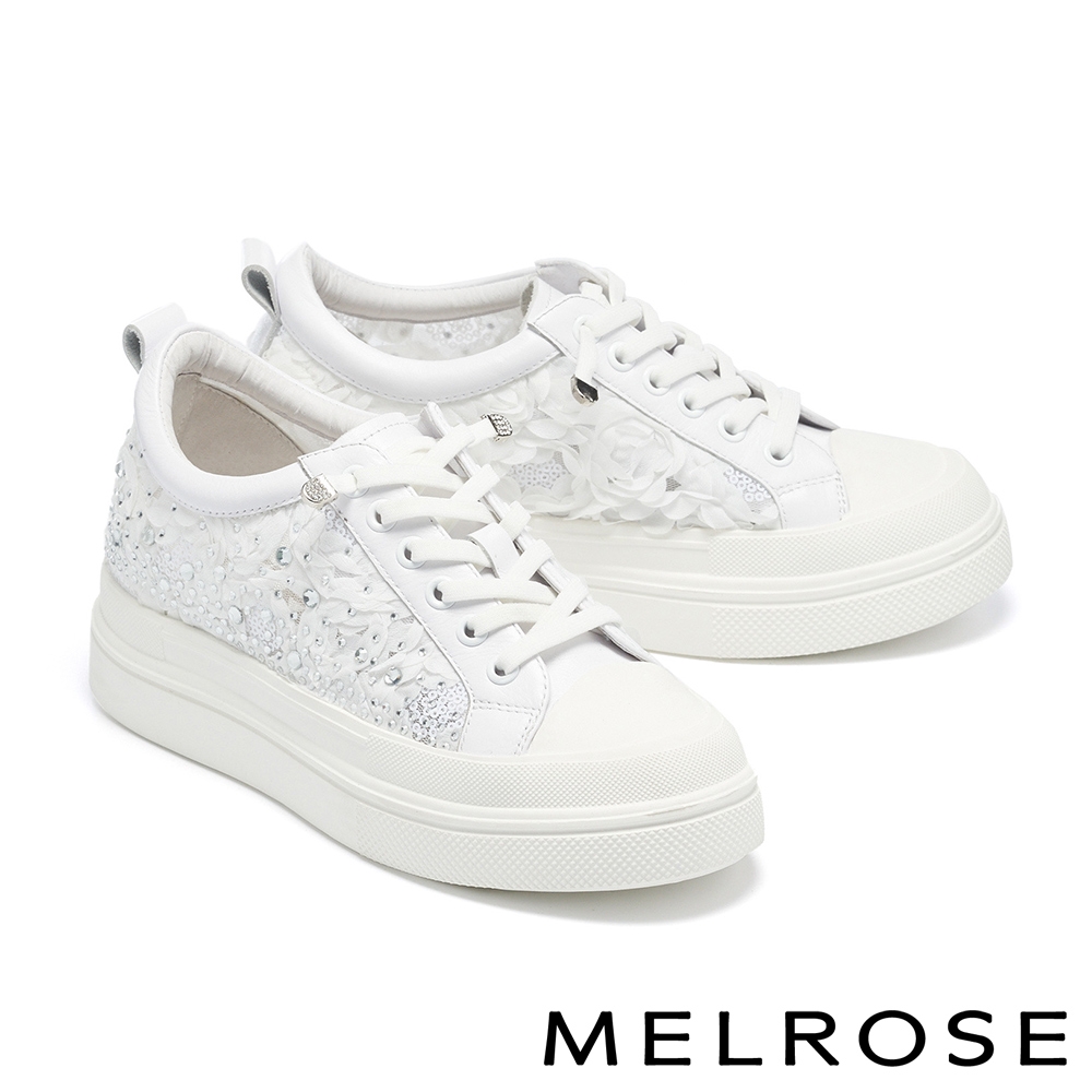 休閒鞋 MELROSE 日常美學蕾絲水鑽造型厚底休閒鞋－白