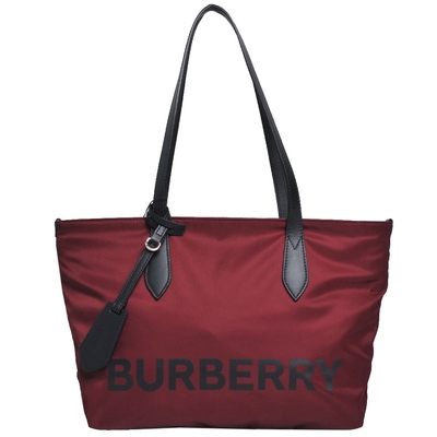 burberry 品牌字母logo徽標圖騰尼龍肩背拉鍊托特購物包(酒紅色)