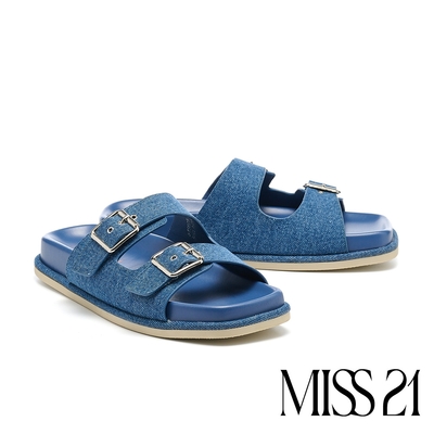拖鞋 MISS 21 微酸少女休閒牛仔布純色方釦雙繫帶方頭厚底拖鞋－藍