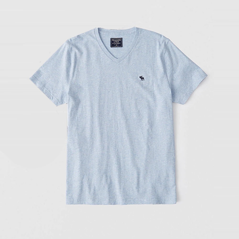 麋鹿 AF A&F 經典V領電繡麋鹿麻花紋路短袖T恤(BONL)-淺藍色