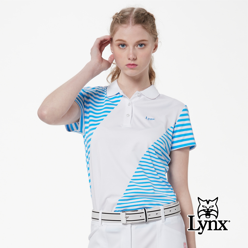 【Lynx Golf】女款吸汗速乾羅紋領橫條背後滿版印花短袖立領POLO衫-白色