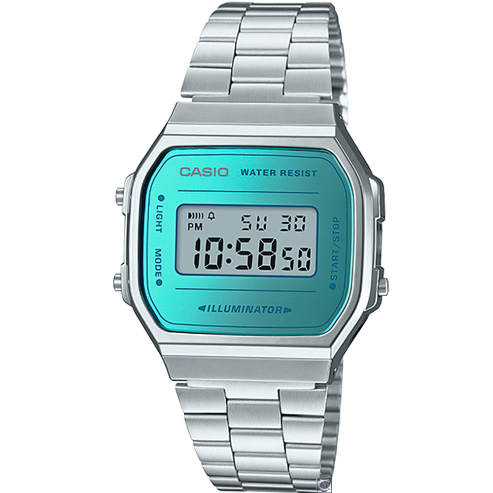 CASIO 經典時尚方形設計數位錶(A-168WEM-2)-藍綠面/36.3mm