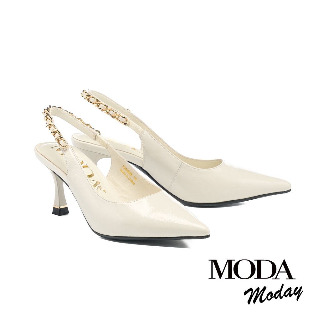 高跟鞋 MODA MODAY 都會時尚鍊條牛皮後繫帶尖頭高跟鞋－白