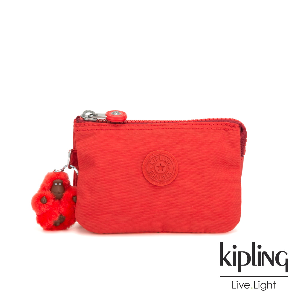Kipling 珊瑚紅素面三夾層配件包-CREATIVITY S