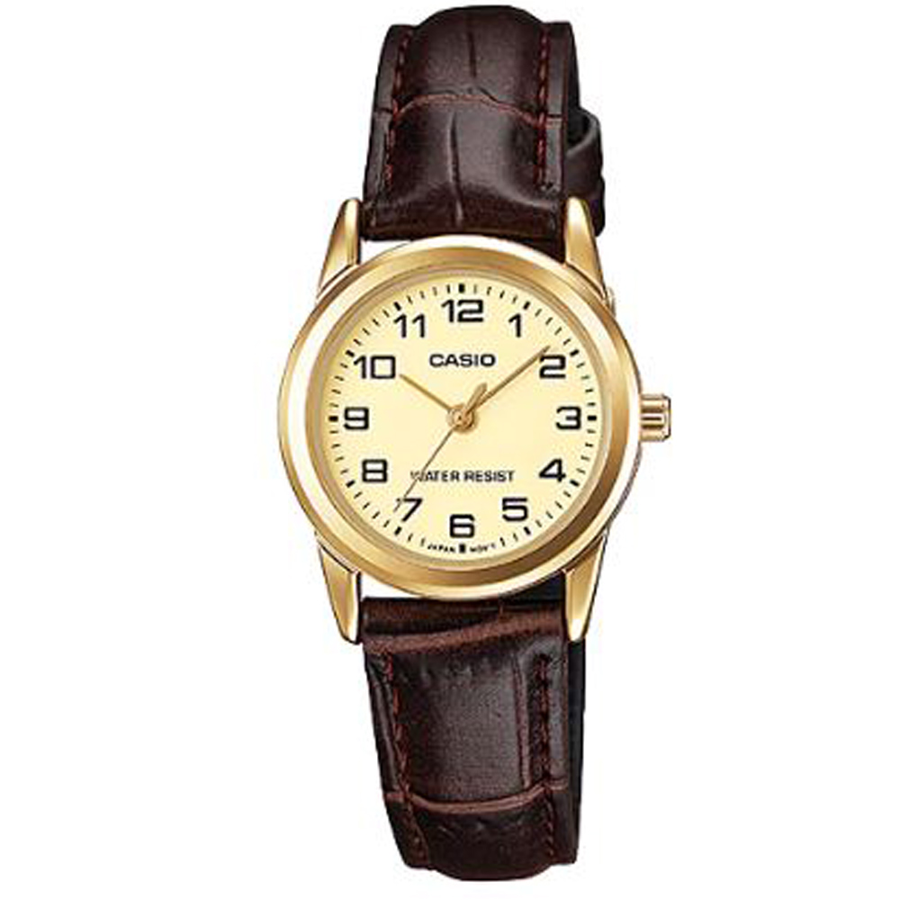 CASIO 極簡風格經典數時刻皮帶腕錶(LTP-V001GL-9B)金框x黃面/25mm