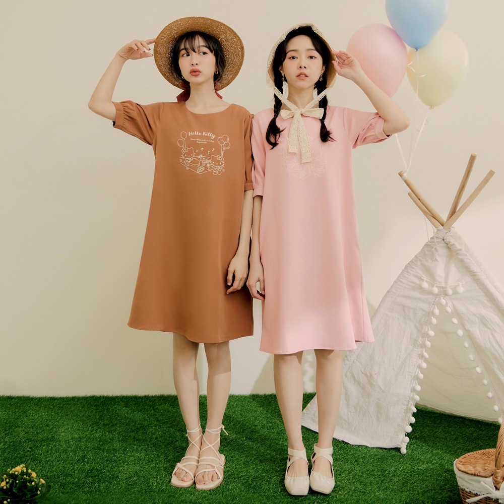 OB嚴選-KITTY 野餐系列．甜美印花公主袖傘襬洋裝