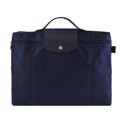 LONGCHAMP LE PLIAGE GREEN系列刺繡再生尼龍摺疊公事包(小/海軍藍)