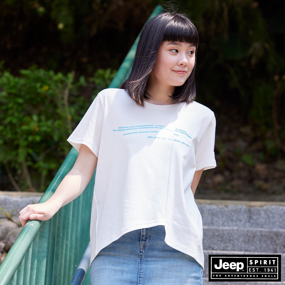 JEEP 女裝 簡約造型拼接印花短袖T恤-白色