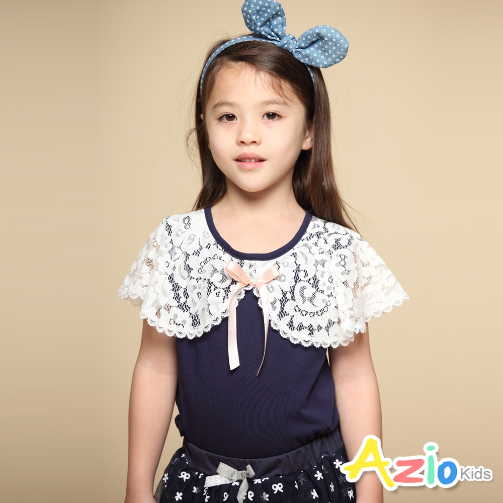 Azio kids美國派 女童 上衣 領口蕾絲造型蝴蝶結短袖上衣(藍)