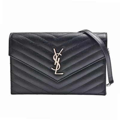 YSL 經典CASSANDRE系列粒面牛皮金屬LOGO銀鍊信封斜背包(黑色)