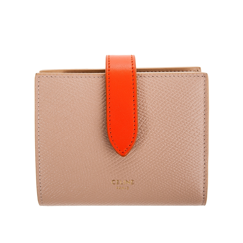 CELINE 新款雙色珠地小牛皮小型STRAP短夾 (SHELL/POP ORANGE)