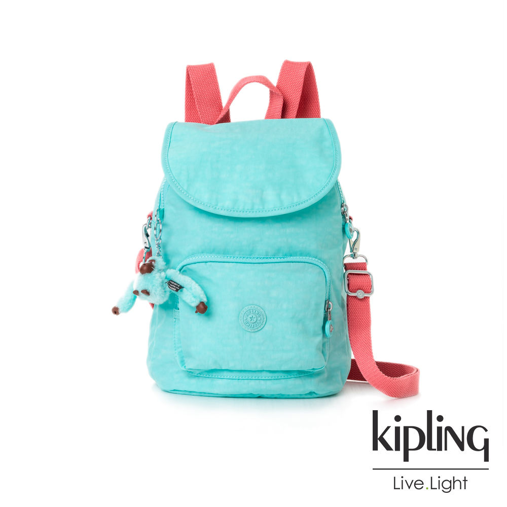 Kipling糖果色調薄荷綠撞色掀蓋後背包-CARAF