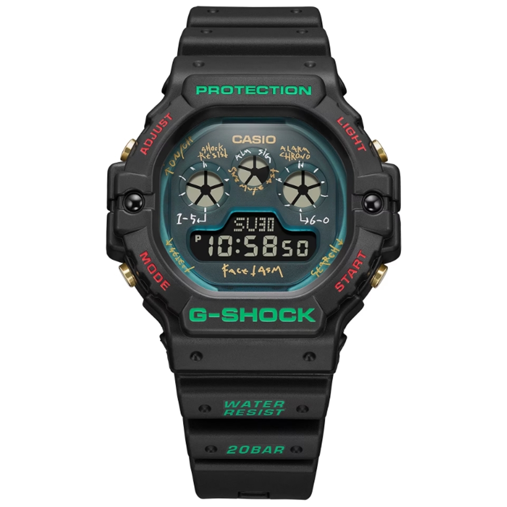 CASIO 卡西歐G-SHOCK X FACETASM聯名款三眼顯示黑X綠X紅_DW-5900FA