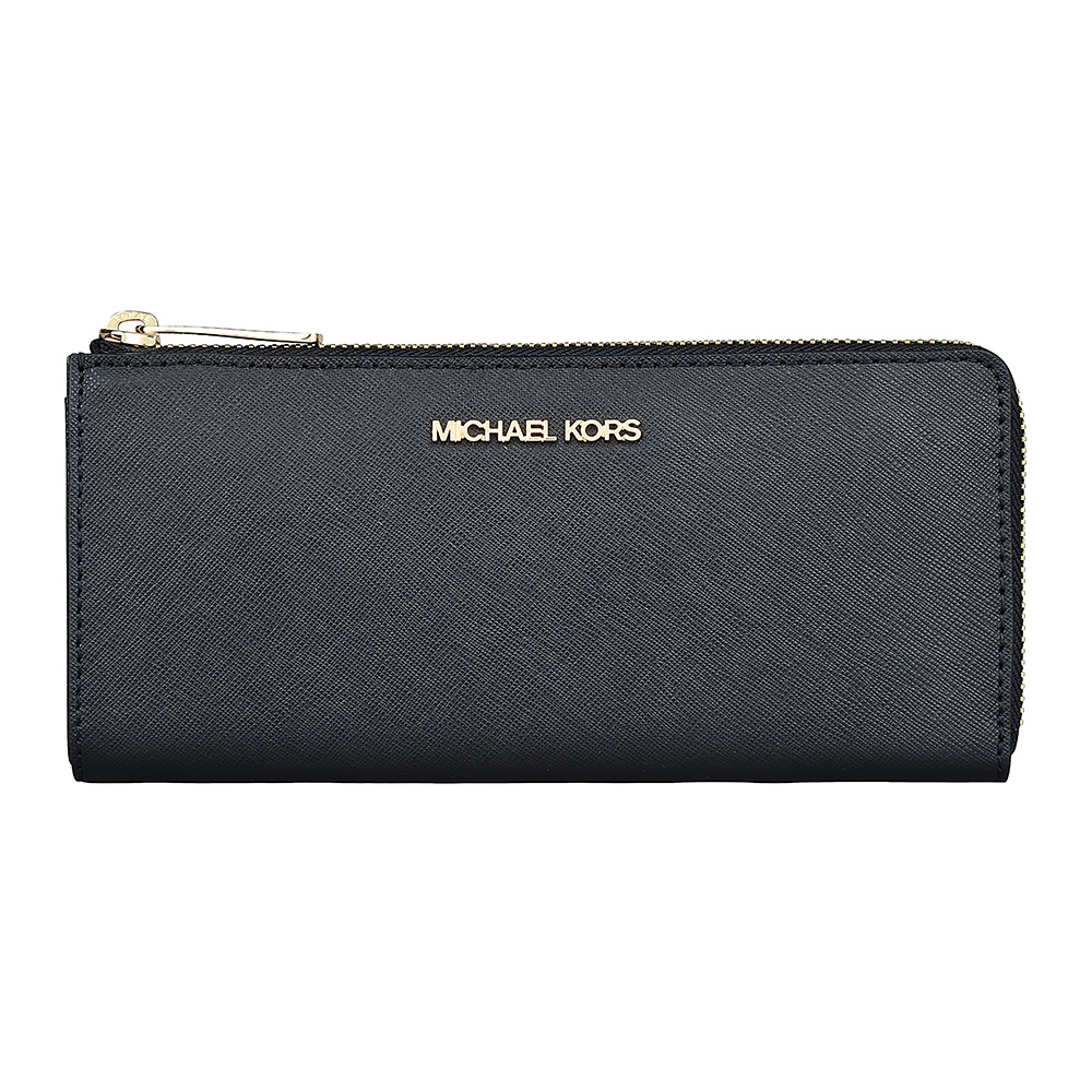 MK MICHAEL KORS JET SET 金字LOGO十字紋防刮牛皮8卡L型拉鍊長夾(黑)