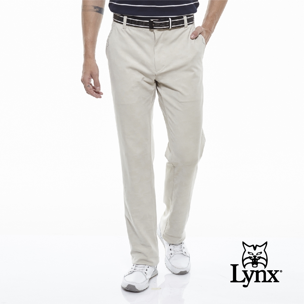 【Lynx Golf】男款日本進口布料彈性舒適素面平口休閒長褲-卡其色