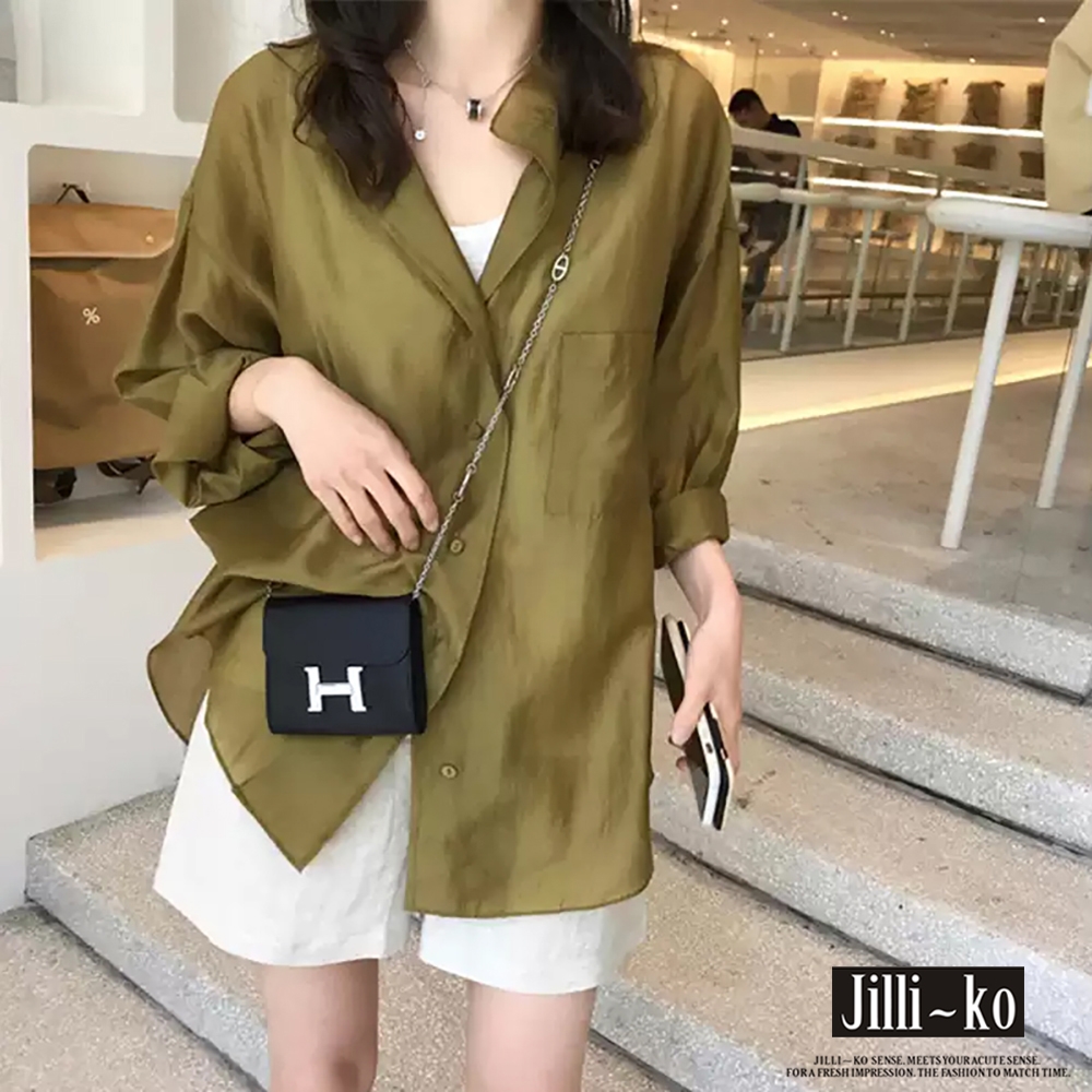 JILLI-KO 夏季防曬溫柔微透感襯衫外套- 綠/灰