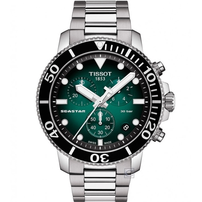 TISSOT 天梭 官方授權 Seastar 海星300米潛水石英錶-鋼帶款(T1204171109100)漸層綠