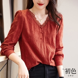 初色  復古蕾絲花邊長袖T恤上衣-紅色-66883(M-XL可選)