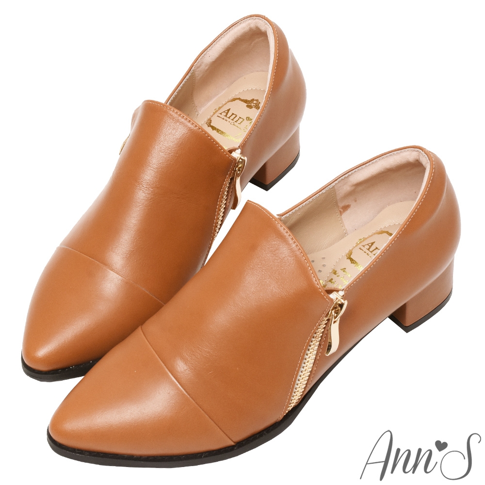 Ann’S復古風格2.0-雙拉鍊綿羊皮全真皮牛津便鞋-棕