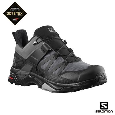 官方直營 Salomon 男 X ULTRA 4 寬楦 Goretex 低筒登山鞋 磁灰/黑/石碑灰