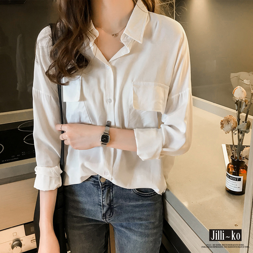 Jilli-ko 韓版氣質口袋造型襯衫- 白/淺藍