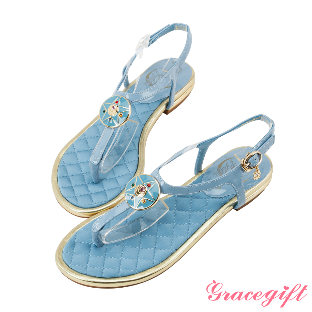 Grace gift-美少女戰士月光水晶亮漆T字涼鞋 淺藍