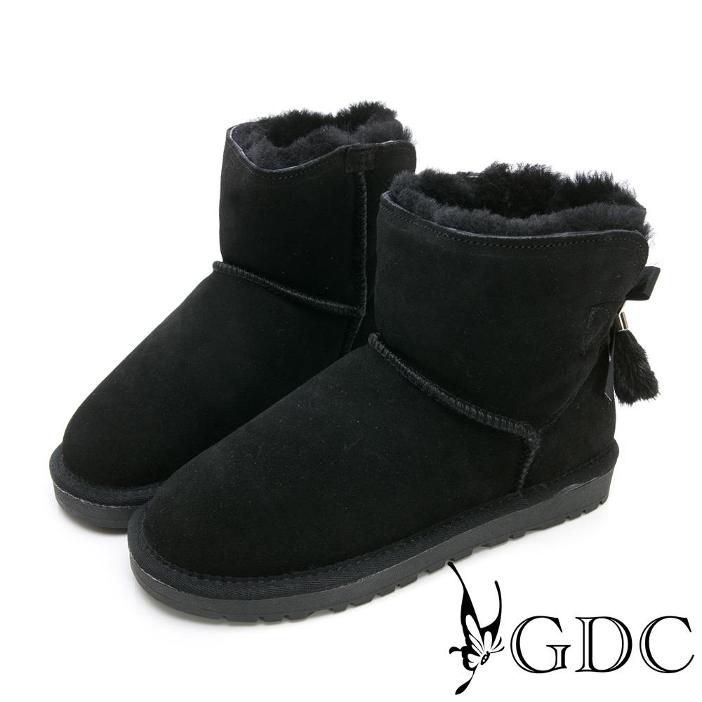 GDC-秋冬必備超夢幻狐狸毛緞帶蝴蝶結暖暖雪靴-黑色