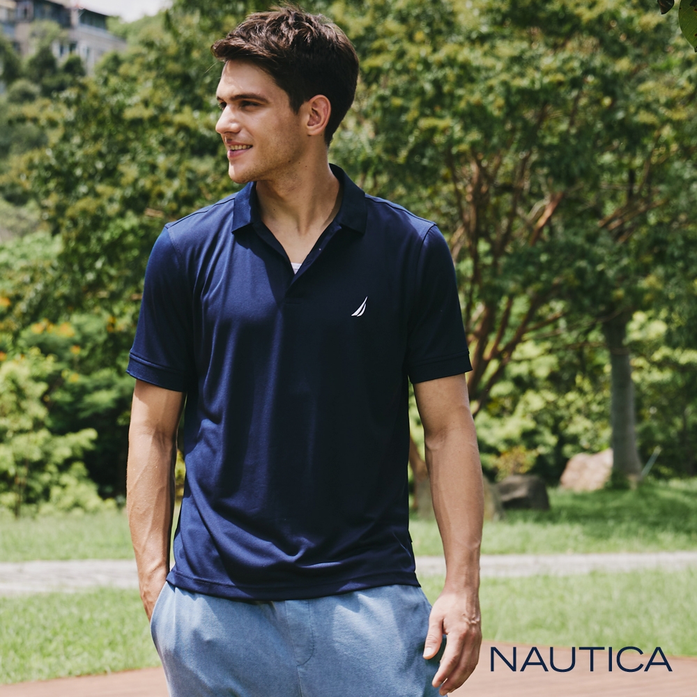 Nautica 男裝 吸濕排汗休閒素面短袖POLO衫-深藍