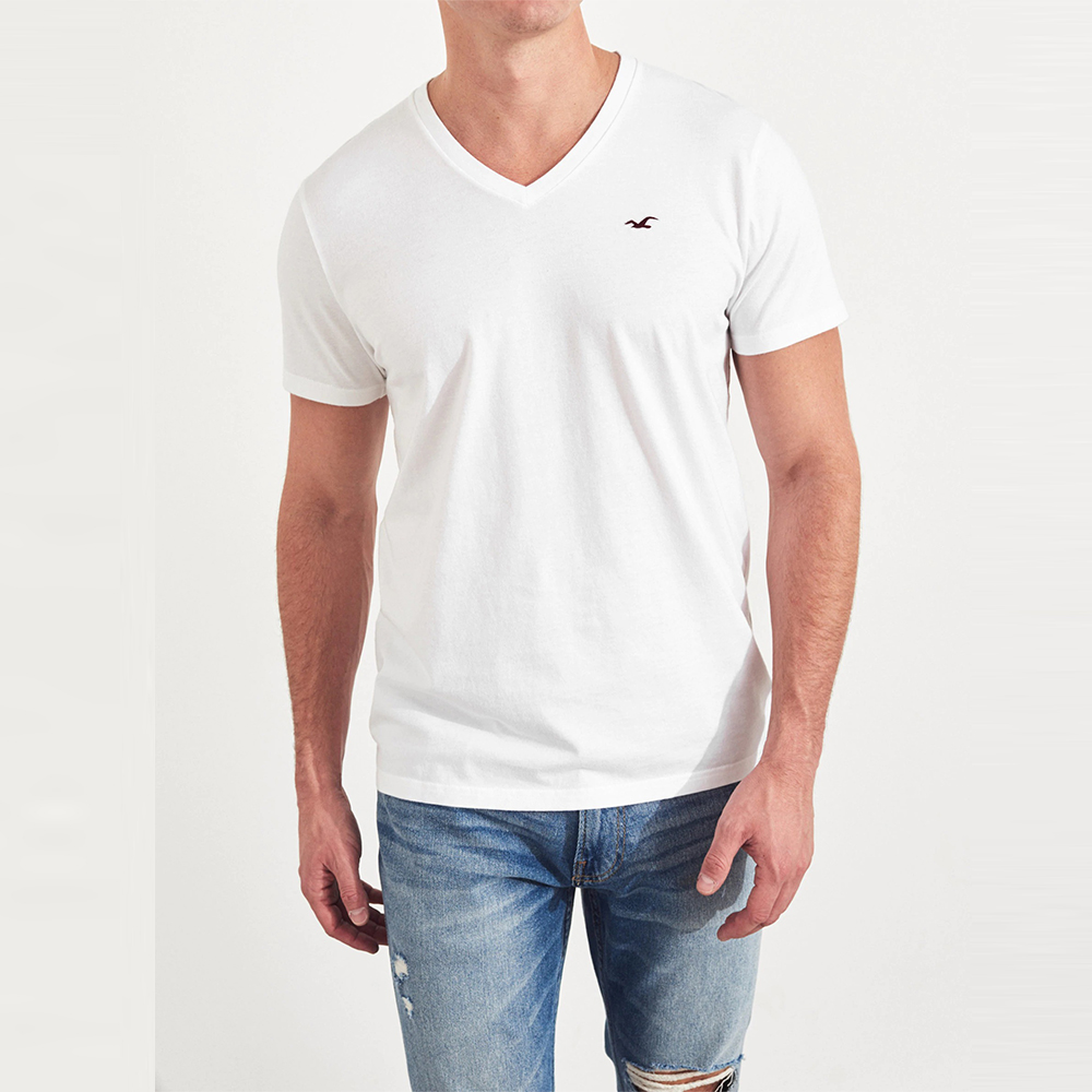 海鷗 Hollister HCO 經典刺繡標誌V領素面短袖T恤-白色
