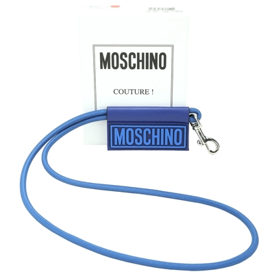 MOSCHINO 品牌矽膠字母彈性掛繩皮革牌鑰匙圈(藍色)