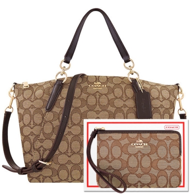 【限量10組】COACH 咖啡色大C織紋手提/斜背兩用包+咖啡色大C織紋手拿包