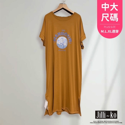 JILLI-KO 韓版夏季印花過膝開衩洋裝- 卡其黃/灰