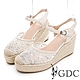 GDC-蕾絲甜心水鑽簍空草編春夏楔型厚底涼鞋-米色 product thumbnail 1