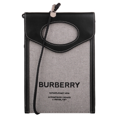 BURBERRY 巴寶莉 字母LOGO標誌帆布拚皮革翻釦斜背手機扁包(黑x灰)