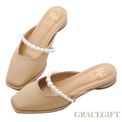 【Grace Gift】小貓聯名-甜美名媛珍珠真皮穆勒鞋 卡其