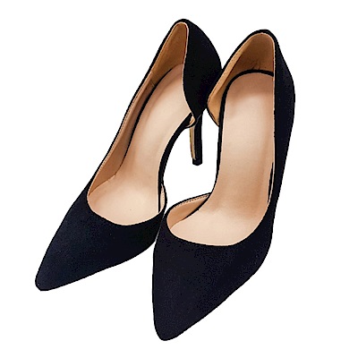 Cinderella Fashions 小尖頭側挖空素面麂皮中跟鞋- 黑色