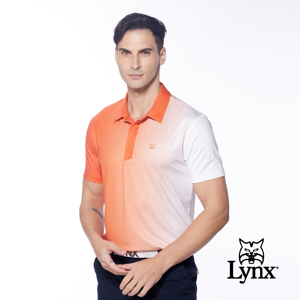 【Lynx Golf】男款吸溼排汗斜線漸層立體門襟設計短袖POLO衫/高爾夫球衫-橘色