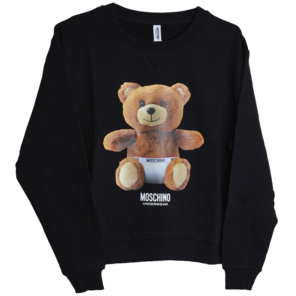 MOSCHINO 希臘製可愛小熊LOGO圖騰100%棉質長袖T恤(黑)