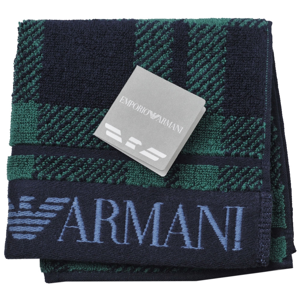 EMPORIO ARMANI MangaBear 日本製蘇格蘭格紋品牌字母LOGO圖騰小方巾(綠色系)