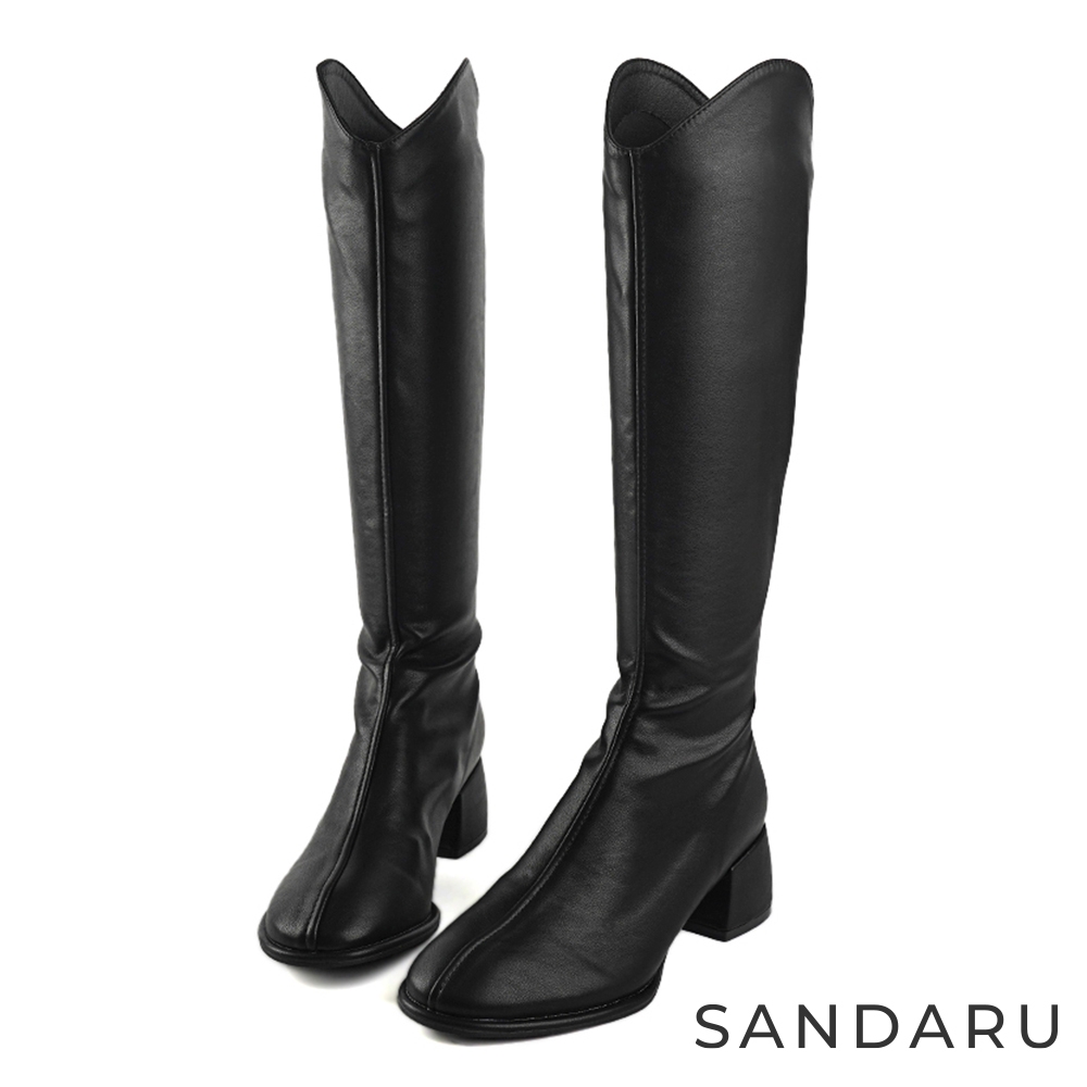 山打努SANDARU-大尺碼 長靴 素面V口中跟顯瘦高筒靴-黑
