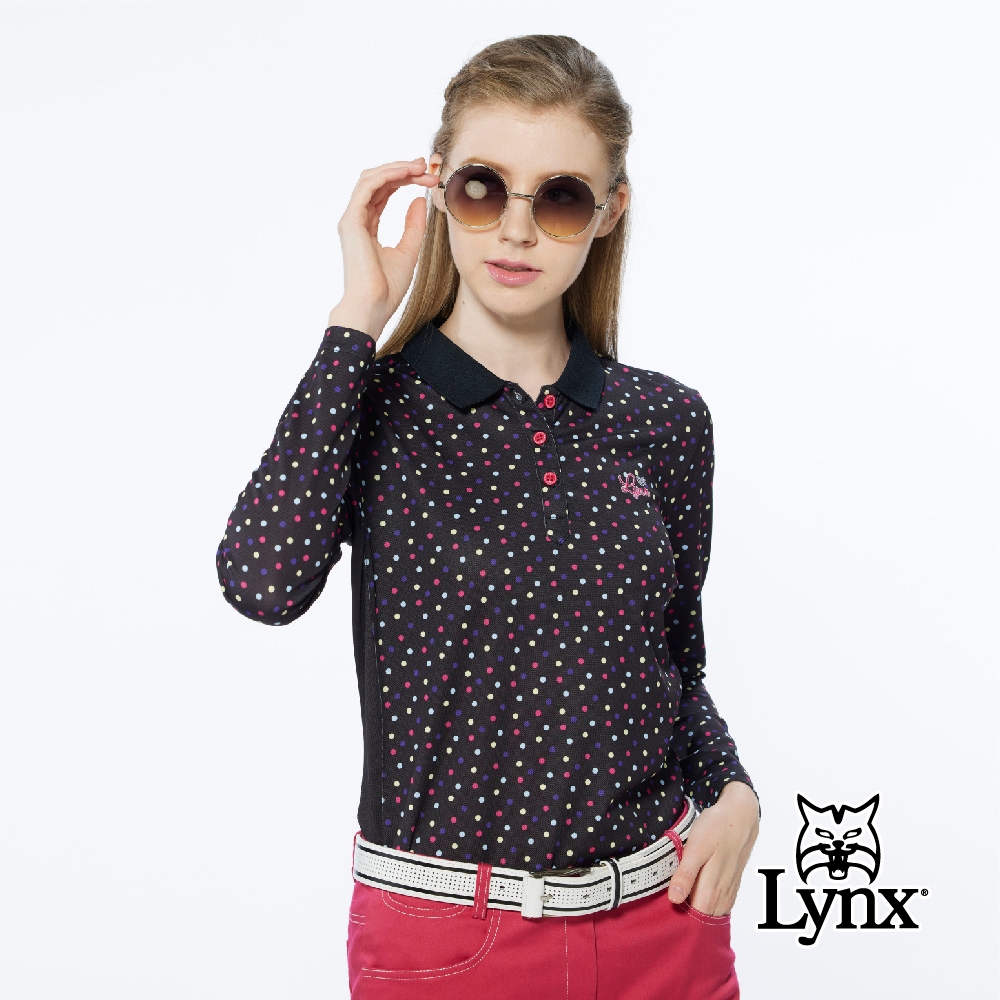 【Lynx Golf】女款吸濕排汗網眼材質繽紛水玉點點印花長袖POLO衫-黑色