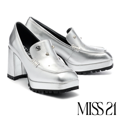 高跟鞋 MISS 21 個性少女星星金屬牛皮大方頭樂福高跟鞋－銀