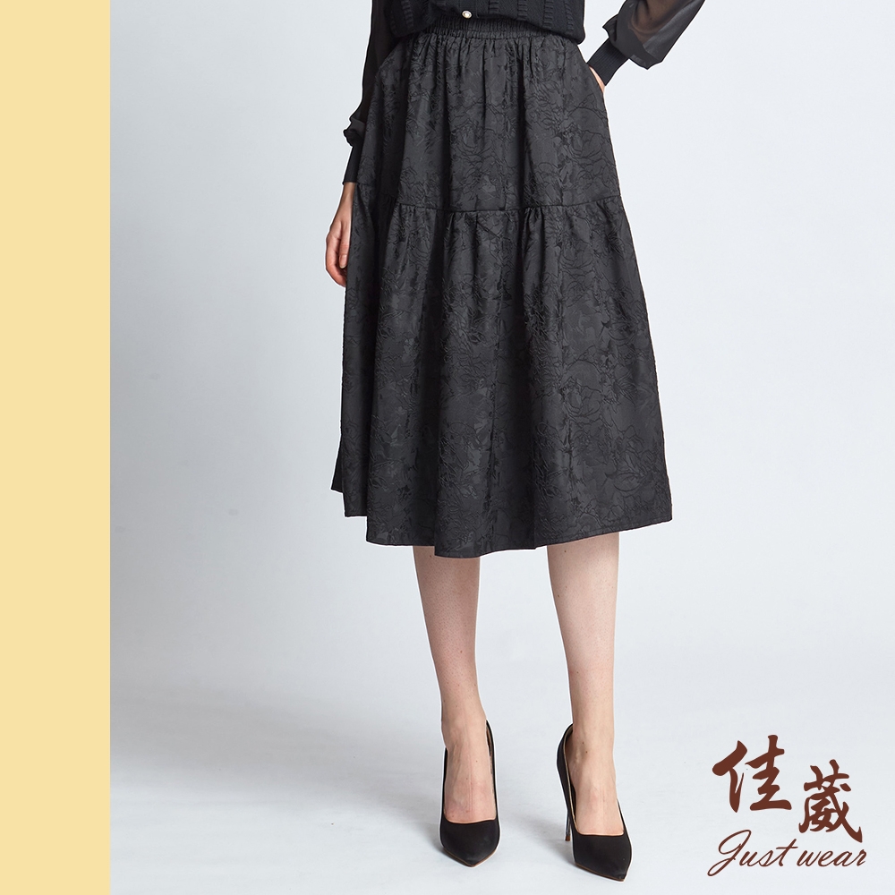 【佳葳Justwear】典雅鑽飾緹花棉質中長裙(女下身/女下著/口袋/滿版/裙子)