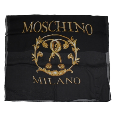 MOSCHINO 品牌LOGO印花純蠶薄款圍巾(黑/金 70*180)