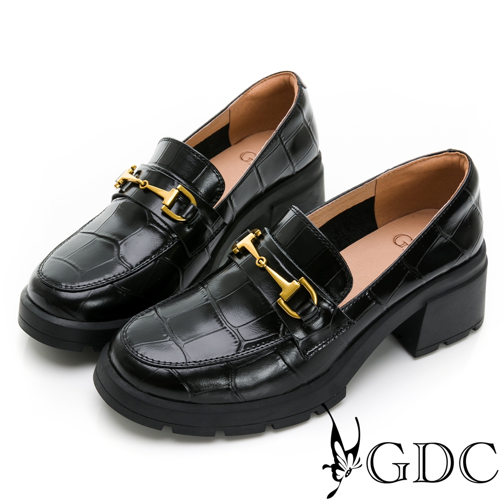 GDC-英倫石紋簡約酷甜真皮圓頭粗跟樂福鞋-黑色