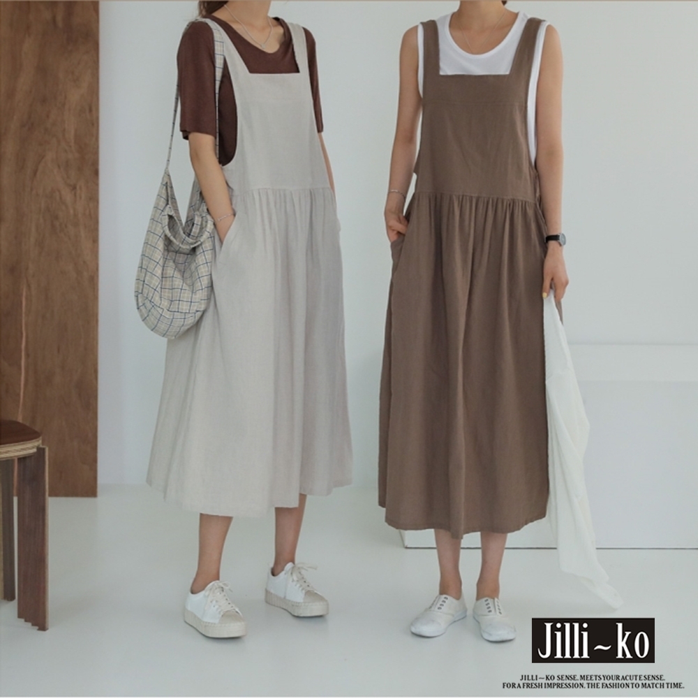 JILLI-KO 日系棉麻感吊帶長裙- 杏/咖啡