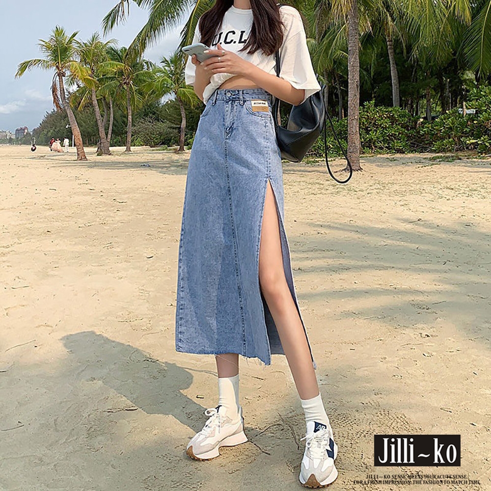 JILLI-KO 高腰側開衩牛仔中長款包臀裙 - 淺藍