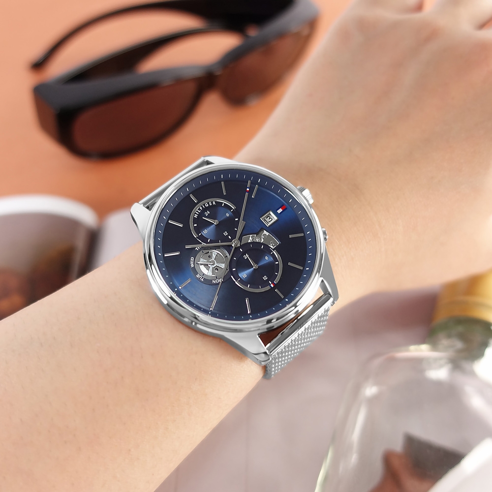 TOMMY HILFIGER / 簡約三眼 兩地時間 日期顯示 米蘭編織不鏽鋼手錶-藍色/44mm