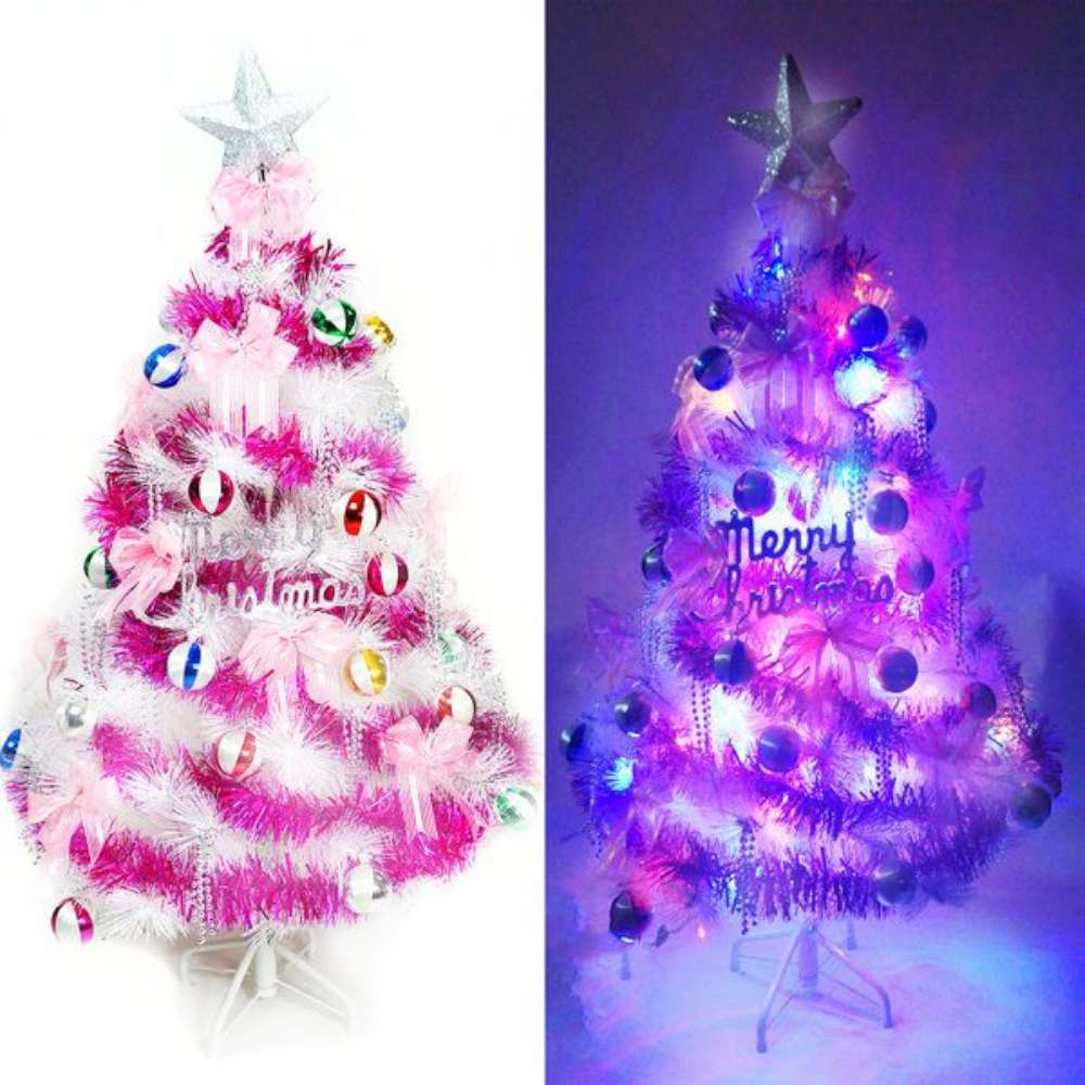 摩達客 台製4尺特級白色松針葉聖誕樹(繽紛馬卡龍粉紫色系+100LED燈一串彩光(附控制器